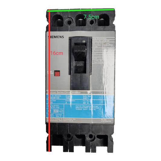 A Siemens circuit breaker shown front-on against a plain white background, with red and green measurement lines and text indicating dimensions (16cm, 7.5cm).
