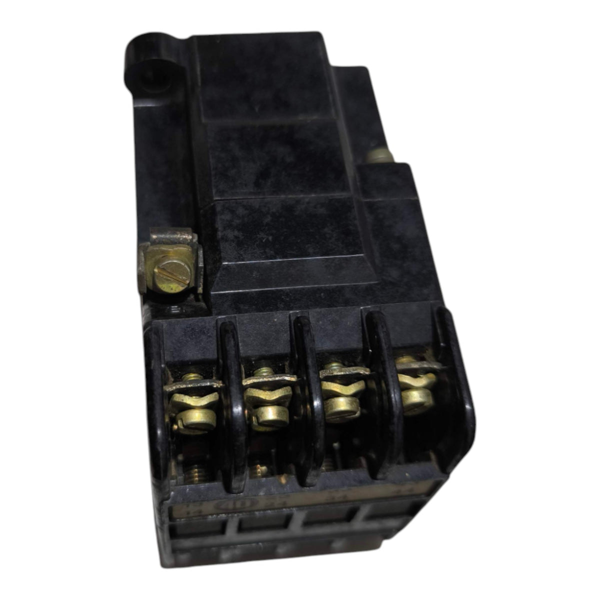 A black plastic electrical relay or terminal block with four brass screw terminals, shown on a plain white background.