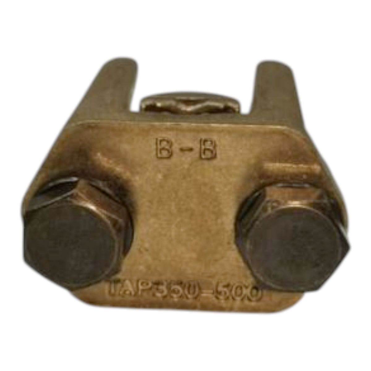 Bronze metal clip with 'B-B' marking on a white background Solderless Connector Double Bolt 200mm - 250mm Wire Size Copper 350-500MCM Electx Electrical Supply