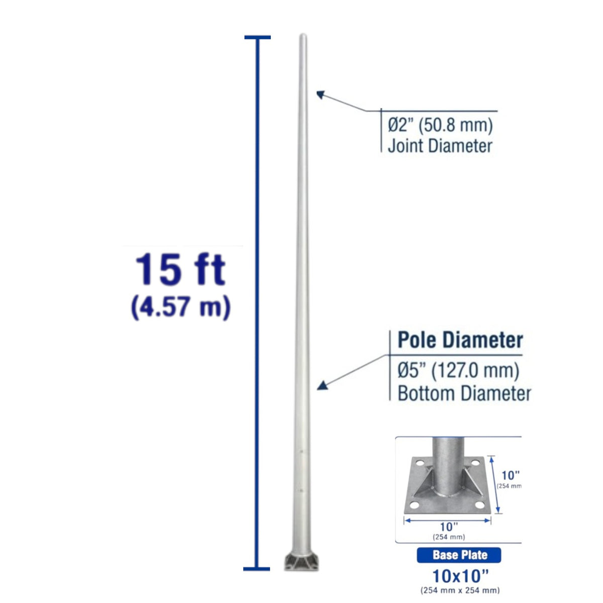 A technical product diagram showing a silver metal pole with dimension annotations, including a total height of 15 ft (4.57 m), a joint diameter of 2 inches (50.