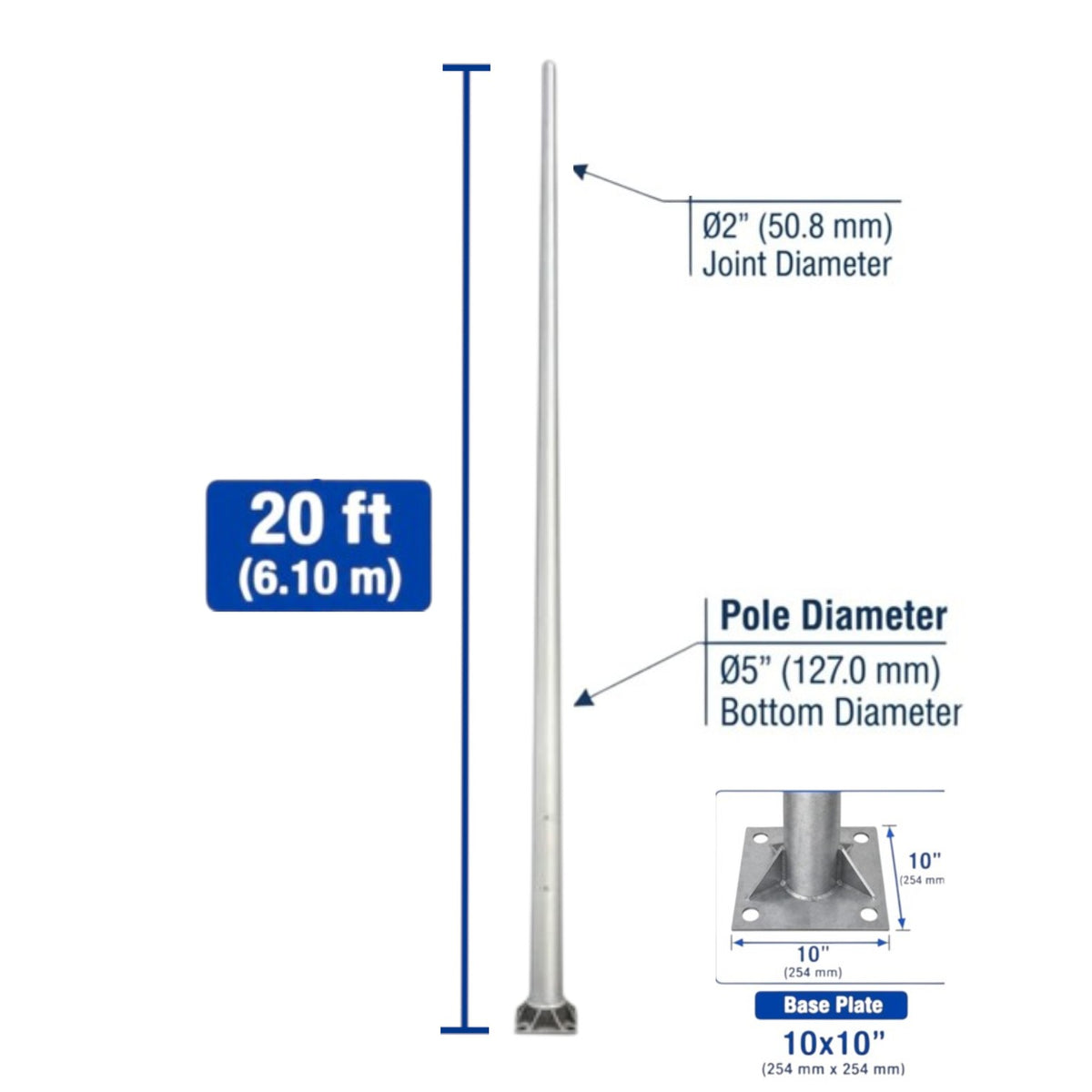 A technical product diagram of a 20 ft metal pole with labeled dimensions and callouts for joint diameter, pole diameter, and base plate size on a white background.