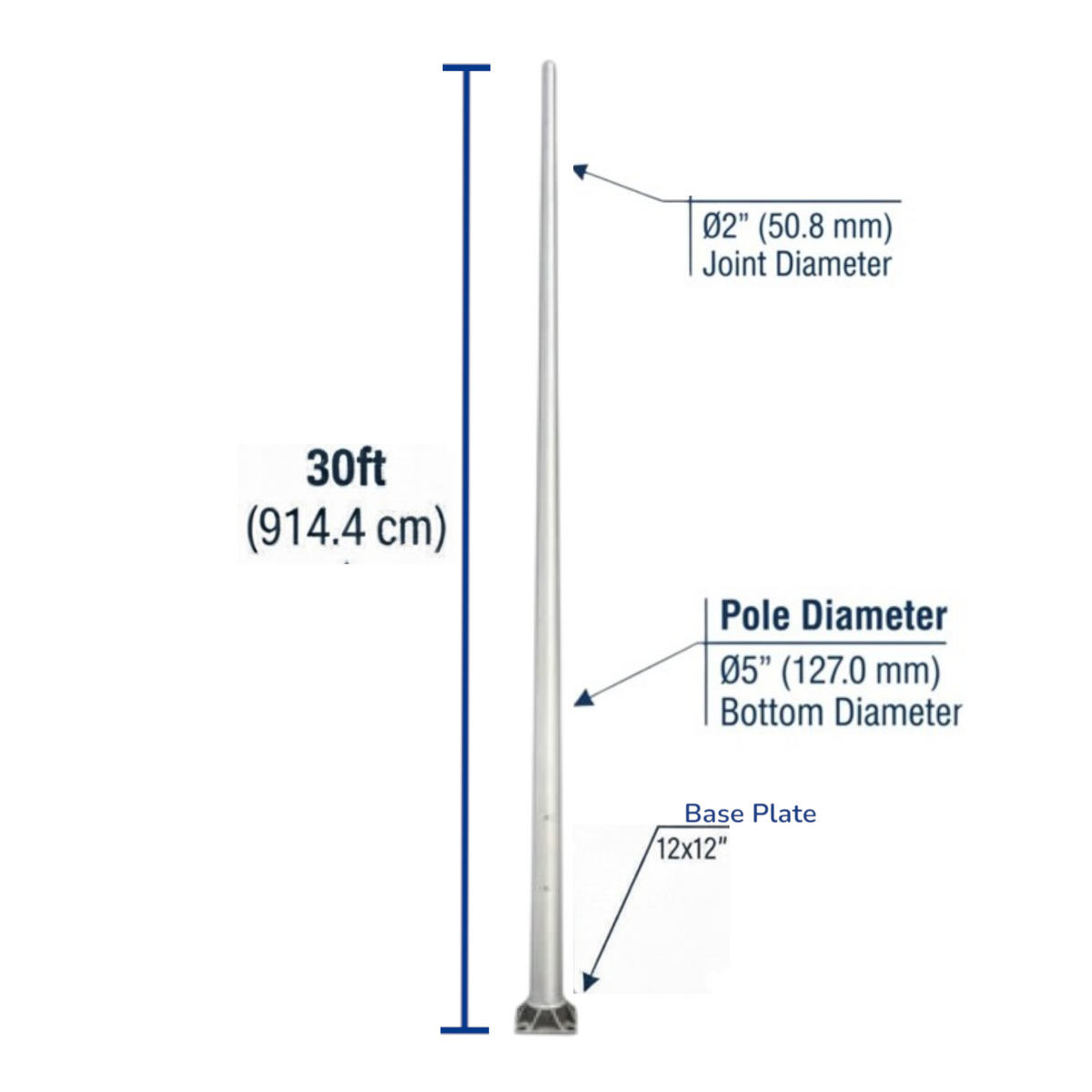 A tall silver metal pole shown on a white background with measurement callouts indicating 30 feet in height, pole diameter of 5 inches (127.0 mm), and base plate dimensions of 12x12 inches.