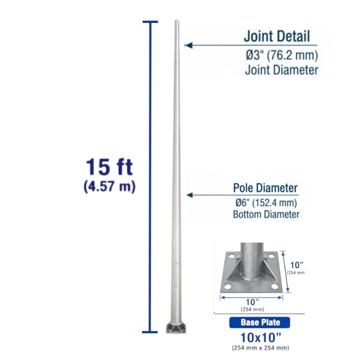 A technical product diagram showing a silver metal pole with dimension callouts: 15 ft (4.57 m) height, 3-inch (76.