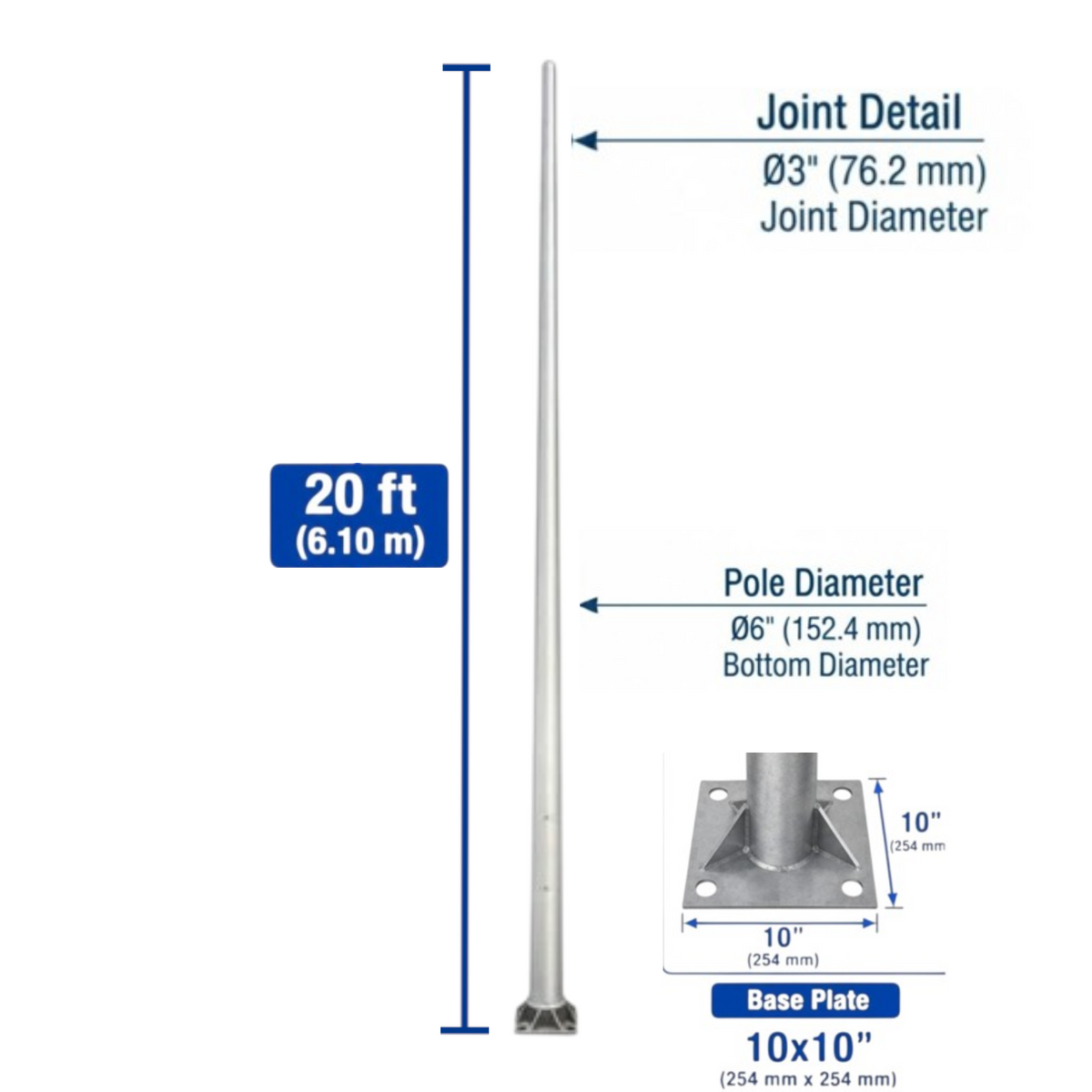 A technical product diagram showing a silver metal pole with dimension callouts: 20 ft (6.10 m) total height, 0.