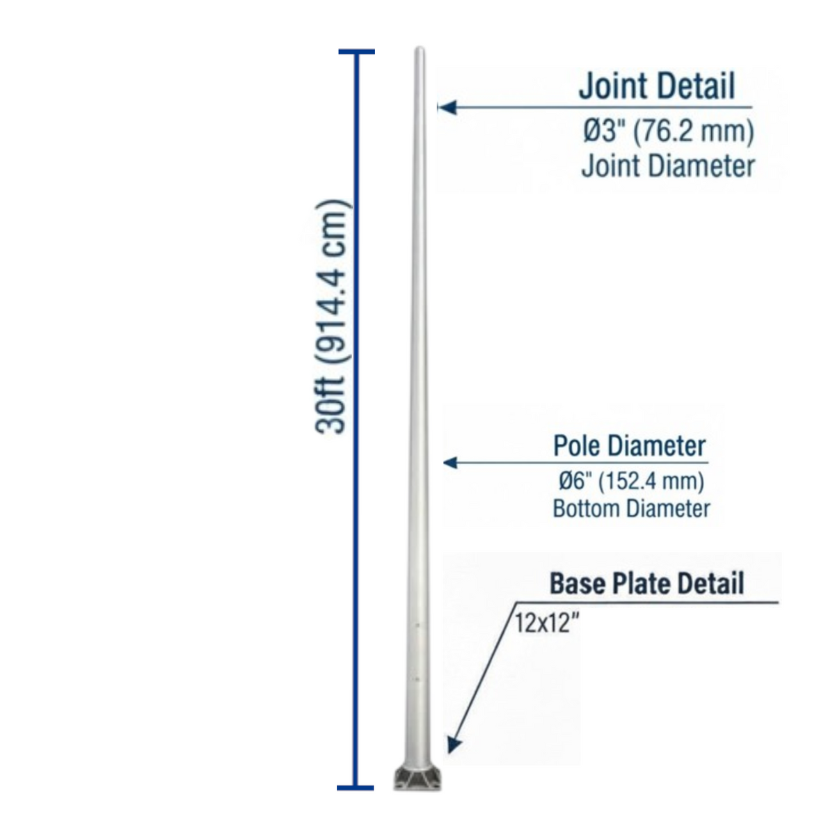 A technical product diagram showing a tall silver metal pole with labeled dimensions and detail callouts: 30 ft (914.4 cm) height, pole diameter 6 inches (152.