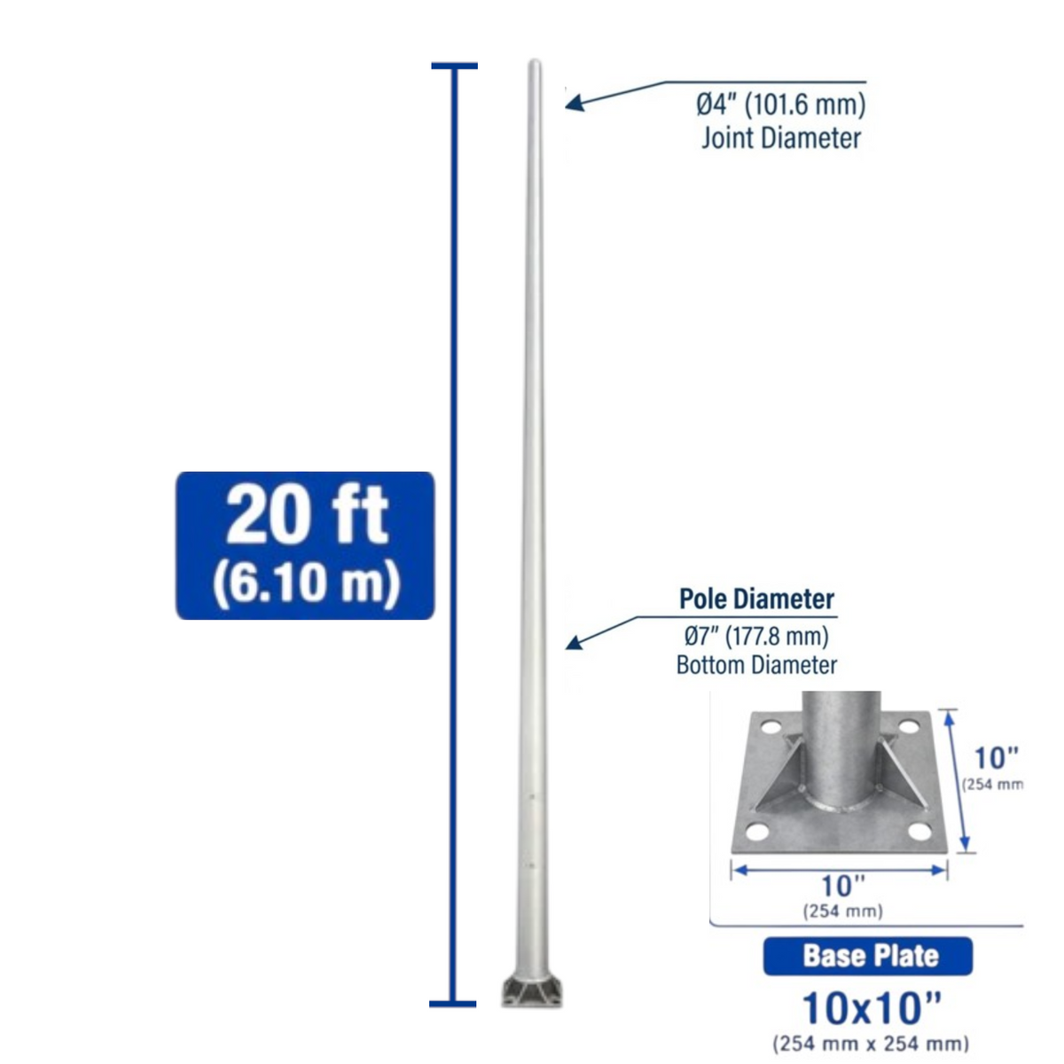 A technical product diagram showing a silver metal pole with labeled dimensions: 20 ft (6.10 m) total length, 04" (101.