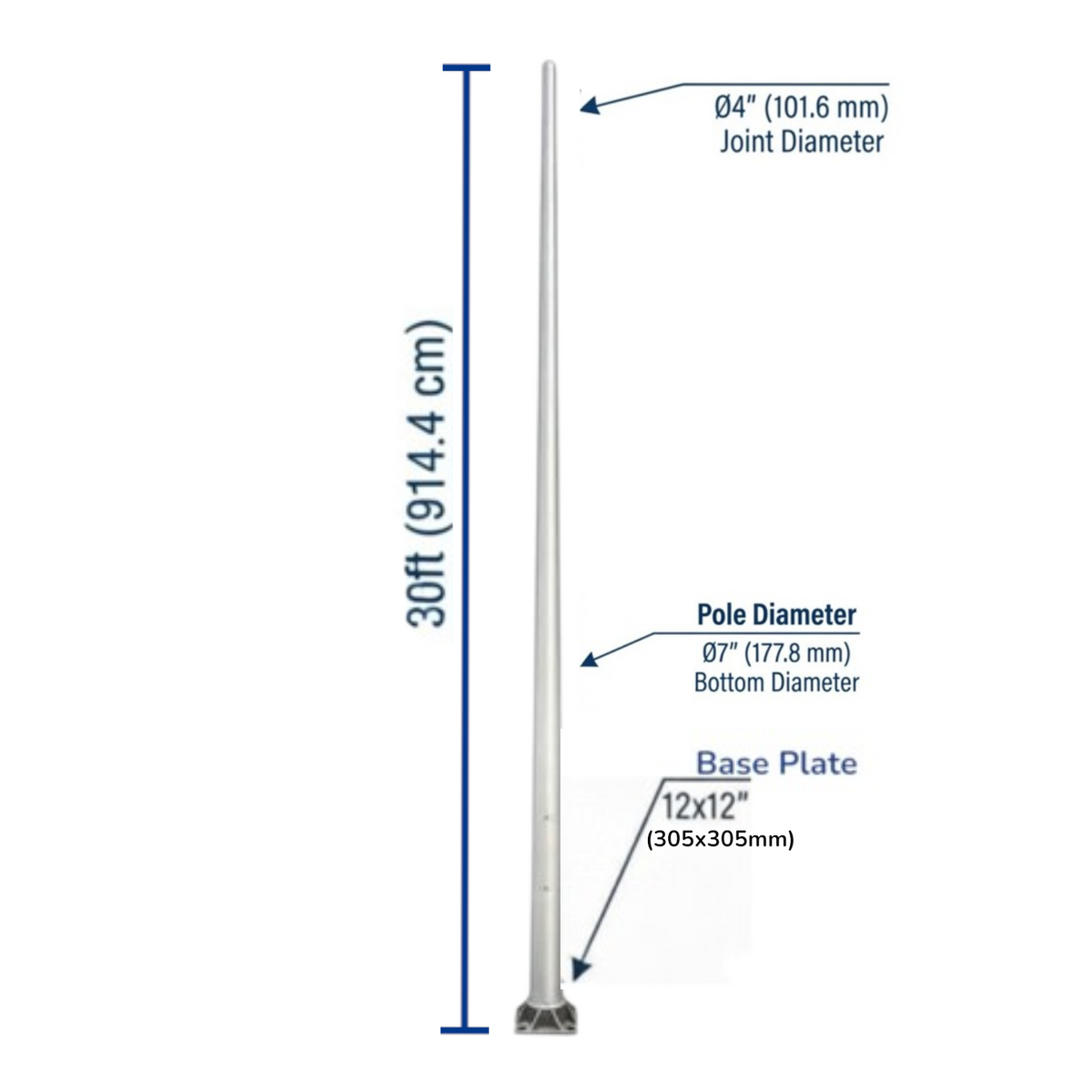 A tall metal pole shown on a white background with blue measurement labels indicating 30 ft (914.4 cm) height, 0.