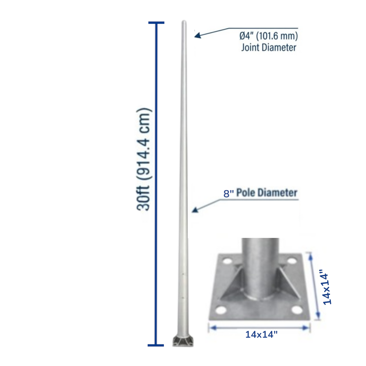 A metal pole shown on a white background with measurement callouts: 30 ft (914.4 cm) height, 0.