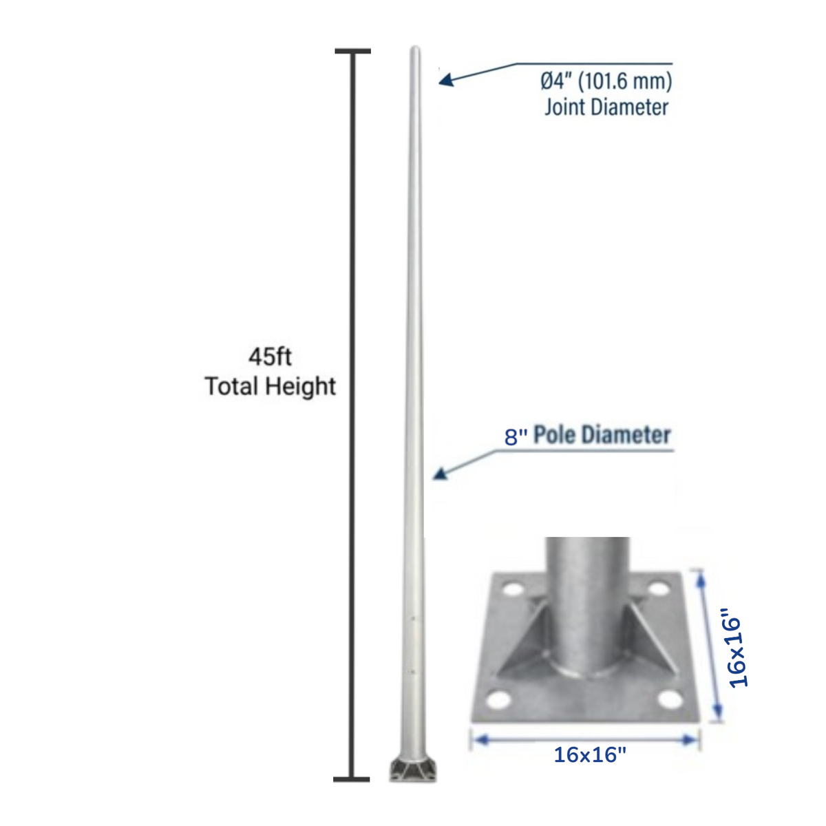 A technical product diagram showing a tall metal pole with labeled dimensions: 45 ft total height, 8 in pole diameter, and a 04 in joint diameter. An inset shows the square base plate dimensions as 16x16 inches with a 16x16 inch side dimension.