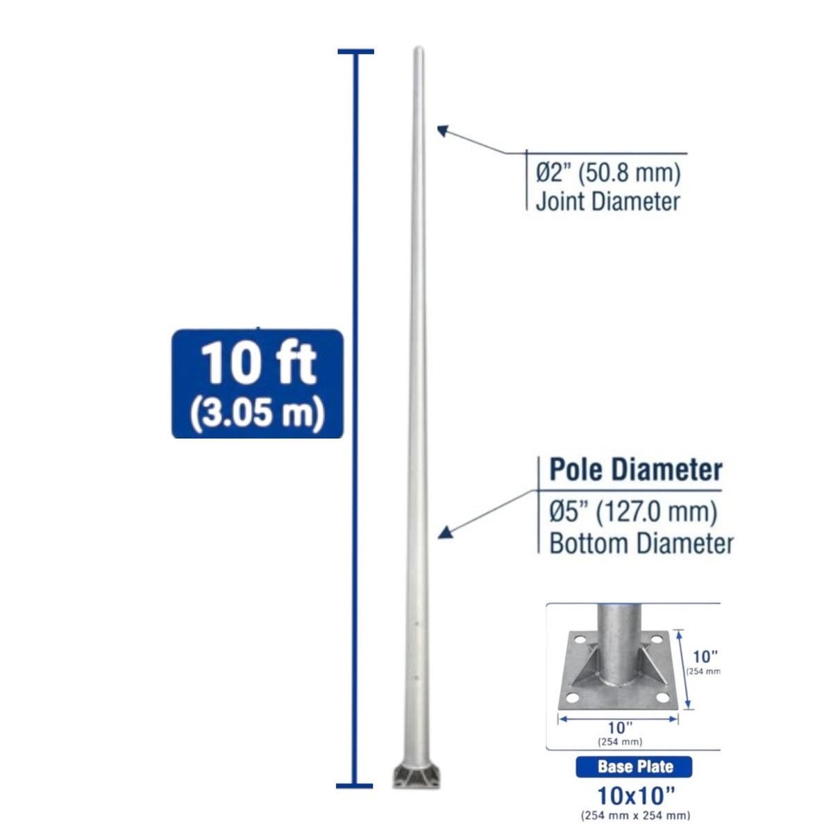 A technical product diagram showing a silver metal pole with dimension annotations, including a 10 ft (3.05 m) height, a 2" (50.