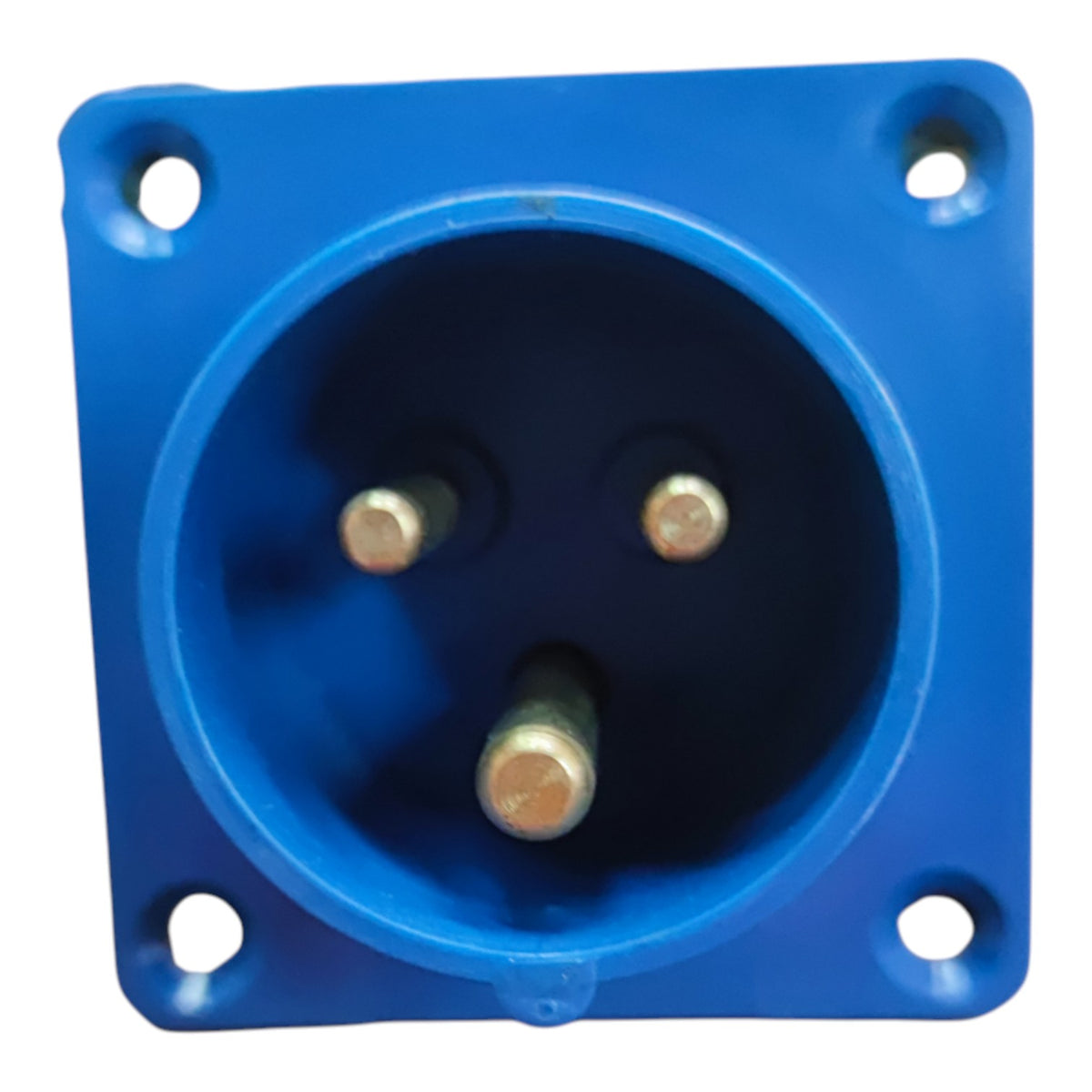 A blue three-pin electrical socket with a square mounting plate and four corner screw holes, shown against a plain white background.