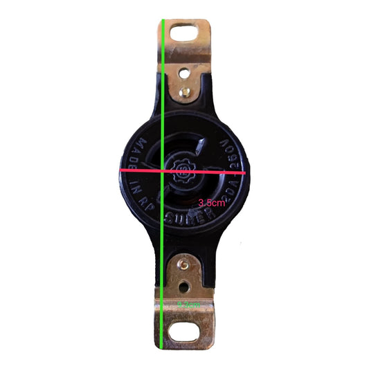 A black plastic and brass electrical terminal block with red and green measurement lines and text indicating dimensions of 3.5cm and 5.