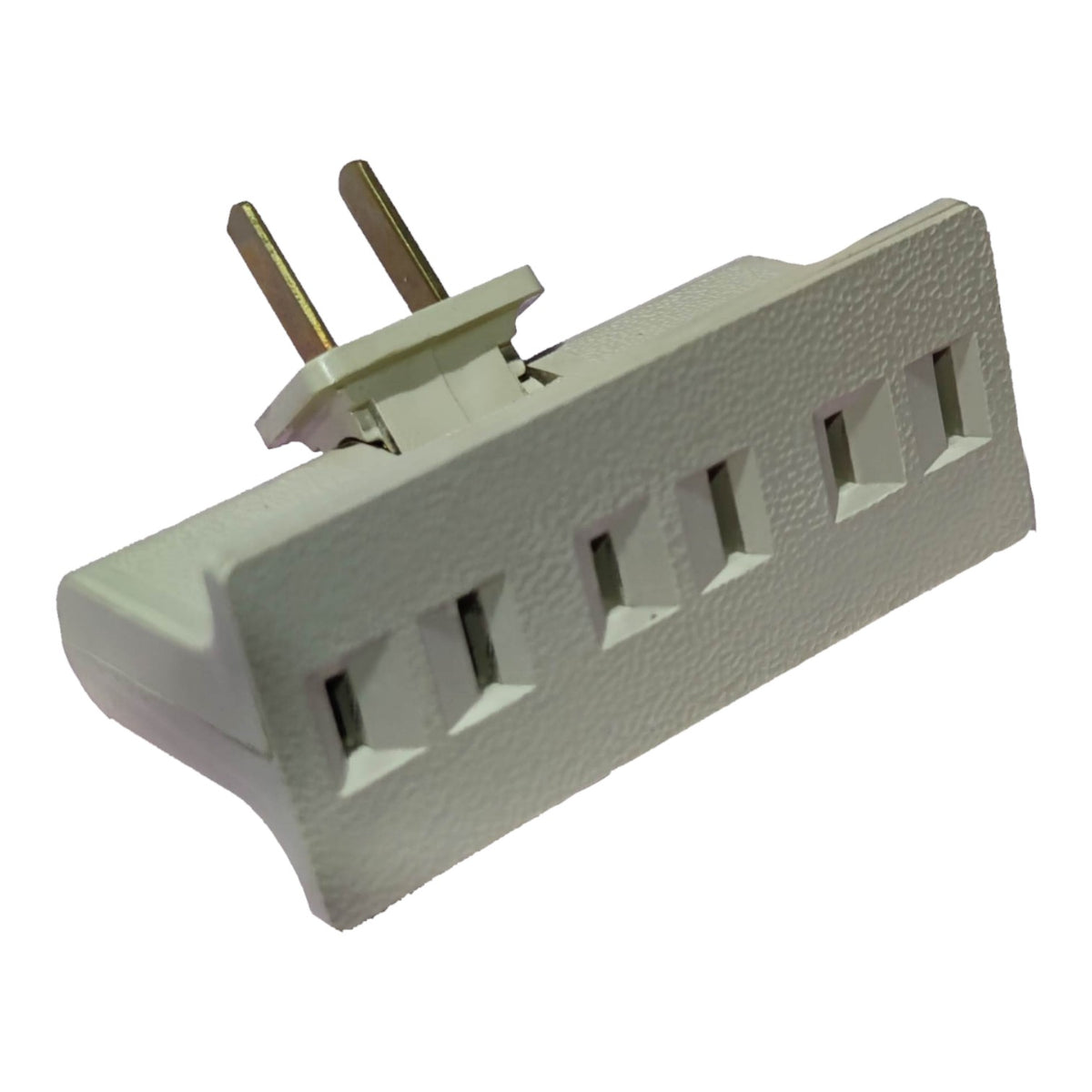 A white plastic multi-outlet power adapter with two gold-toned metal pins, shown on a plain white background.