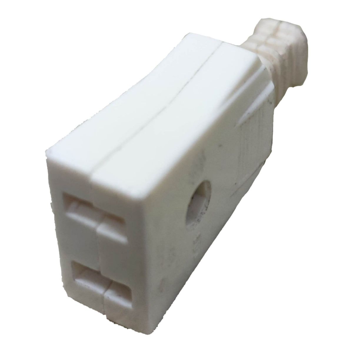 A white plastic electrical connector or terminal block with a threaded male connector at one end, shown on a plain white background.
