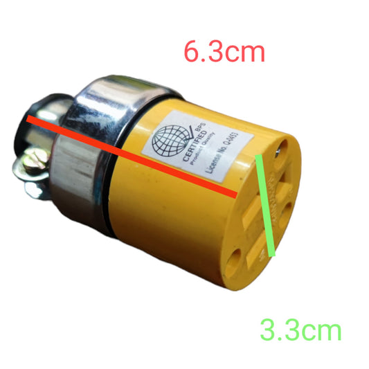 A yellow and silver cylindrical electrical component with a white label, overlaid with red and green measurement lines and text indicating dimensions 6.3cm and 3.