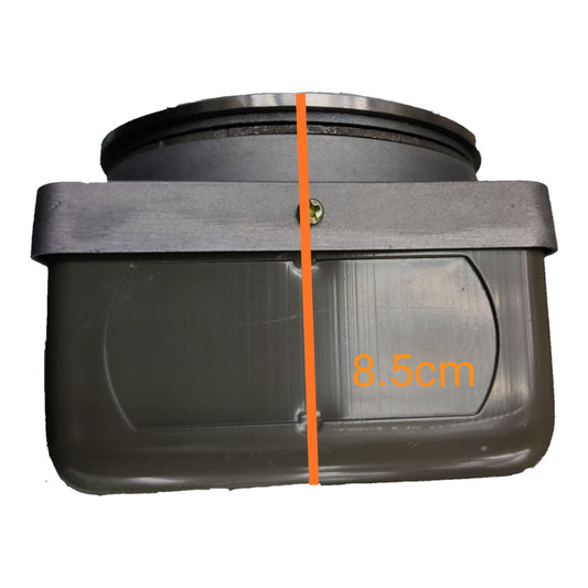 A dark gray plastic cylindrical component with a flange, shown on a white background with an orange vertical measurement line and the text '8.5cm' indicating height.