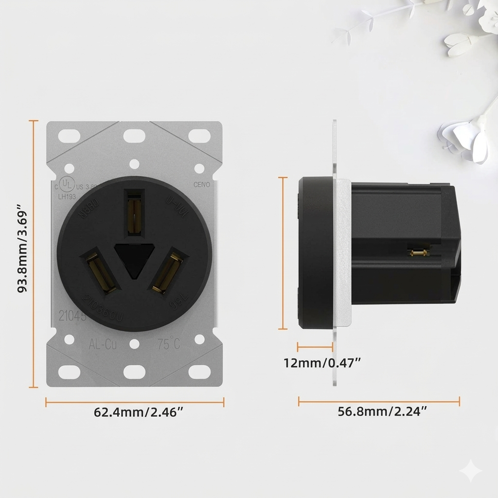 Surer No.171 NEMA 10-50R Power Outlet, Flush Mount (50A 125/250V) 3P 3-Wire Non-Grounding Receptacle