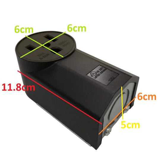 Black electrical wall adapter with dimension markings showing 11.8cm length, 6cm depth, and 5cm width on a white background.