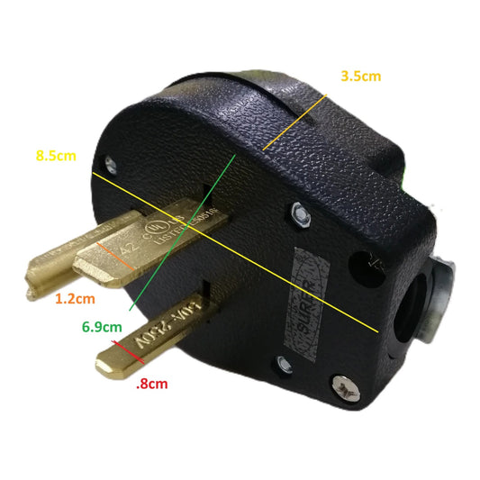 Black electrical plug adapter with brass prongs on a white background, overlaid with yellow, green, and red dimension lines and measurements.