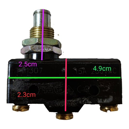 A black electrical contact switch with brass terminals and a metal push-button assembly, overlaid with colored dimension lines and text showing measurements of 2.5cm, 4.