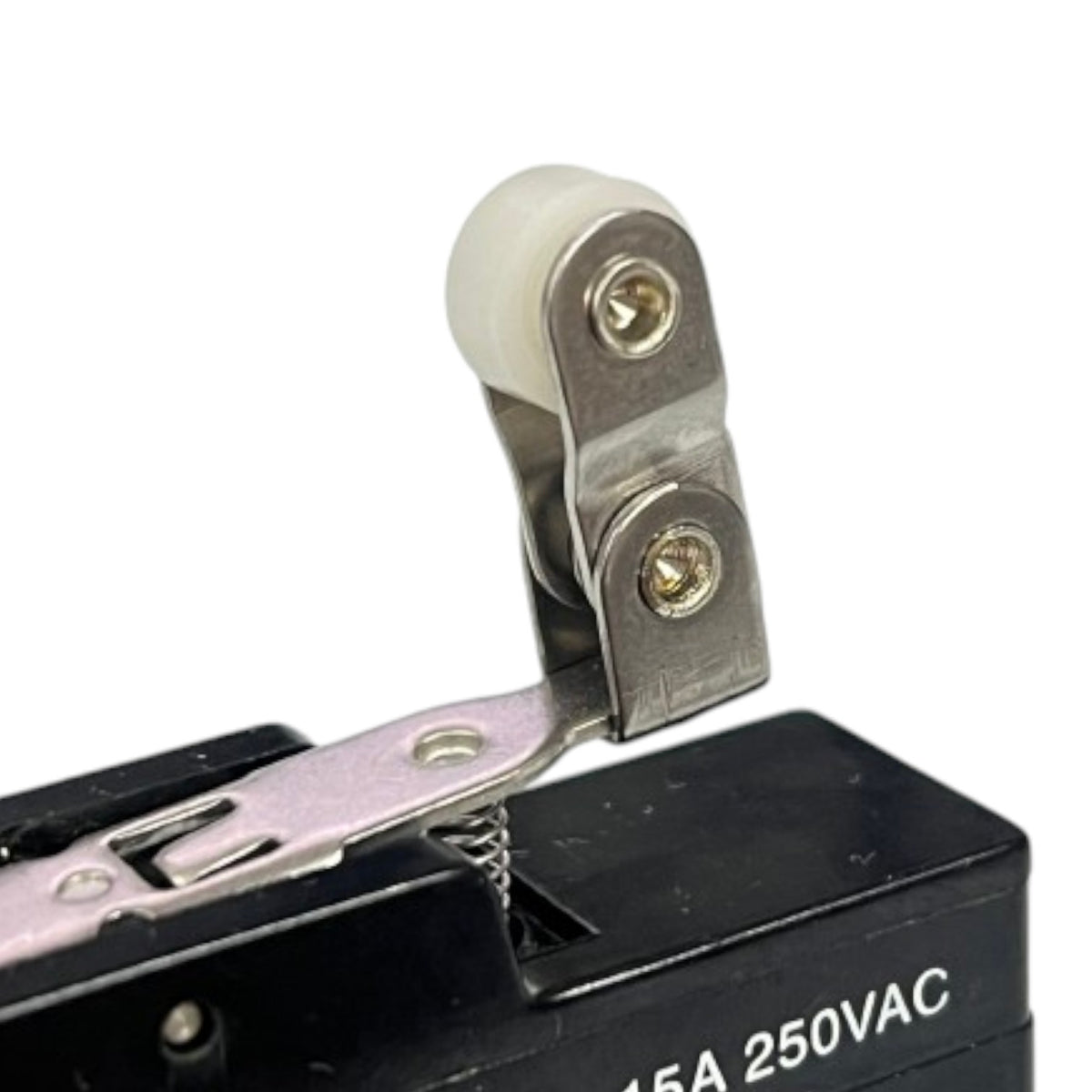 Close-up of a 15A 250VAC electrical contact switch showing the silver metal lever, white plastic roller, and black base with white text.