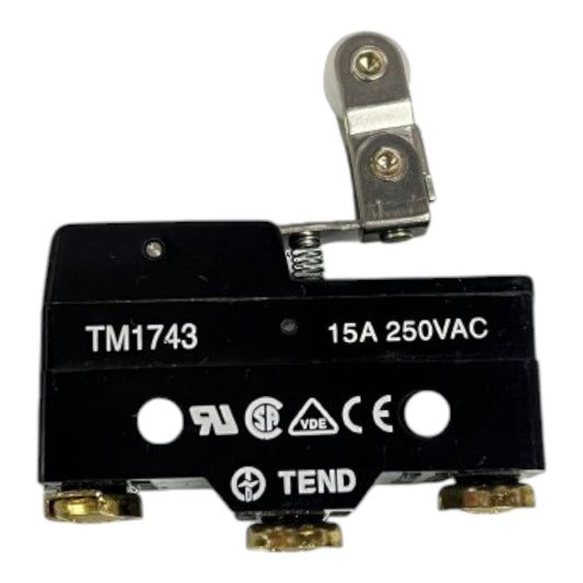 A black TEND TM1743 15A 250VAC thermal overload relay with a silver metal lever and brass screw terminals, shown on a white background.