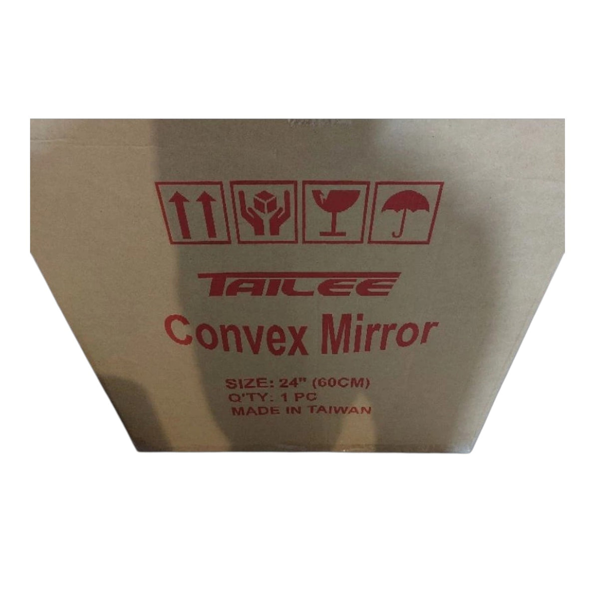 A triangular cardboard shipping box printed with red text reading 'TAILEE Convex Mirror' and handling icons, on a plain white background.
