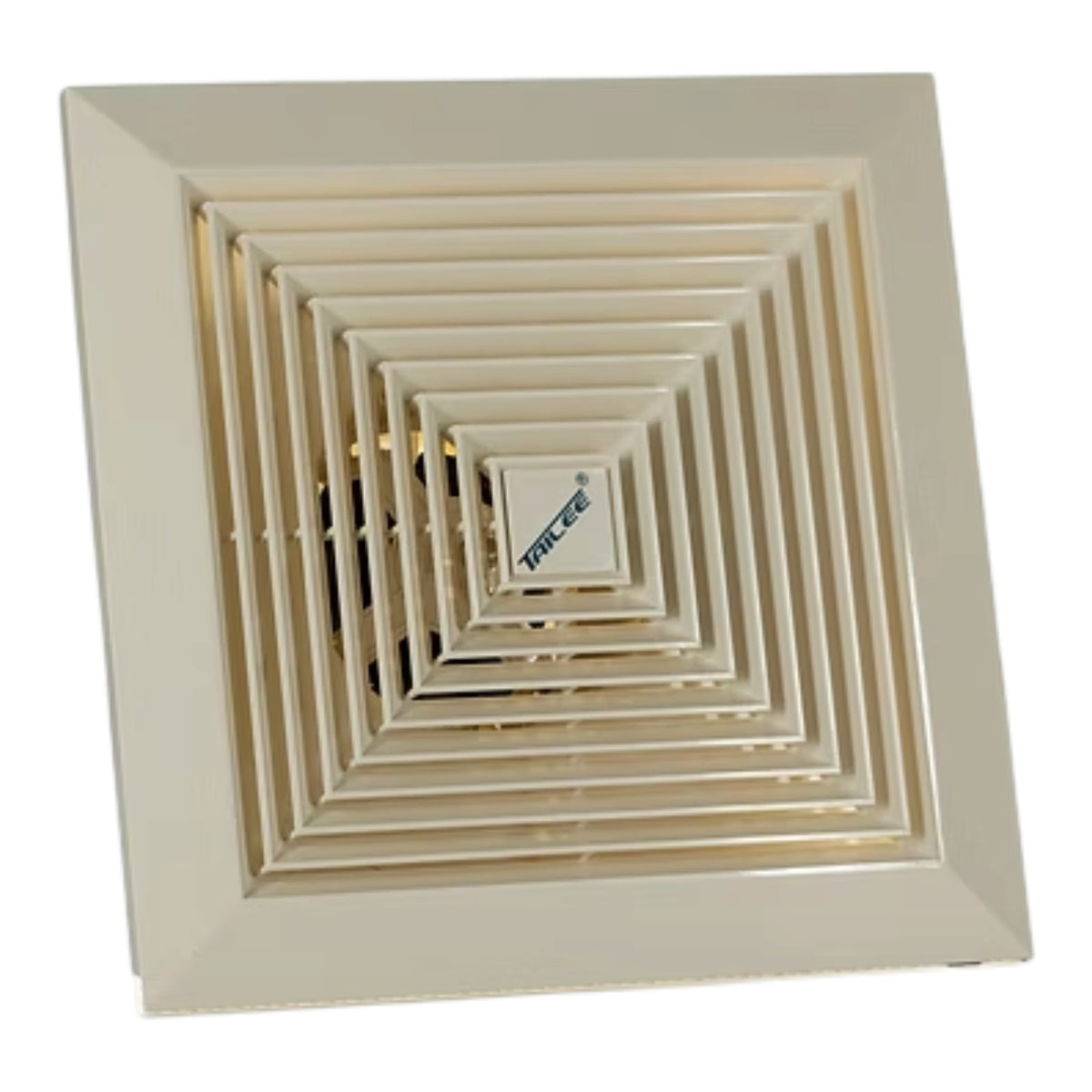 A square ceiling ventilation grille with concentric square louvers and a central brand label reading 'YANKE'. The grille is finished in a warm cream or off-white color, which maps to Beige under the schema's guidelines for warm off-whites.