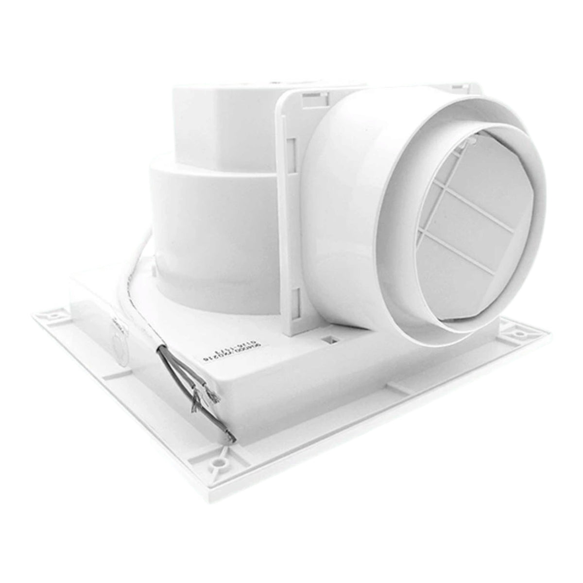 A white ceiling-mounted duct fan with a circular grille and mounting bracket, shown on a clean white background.