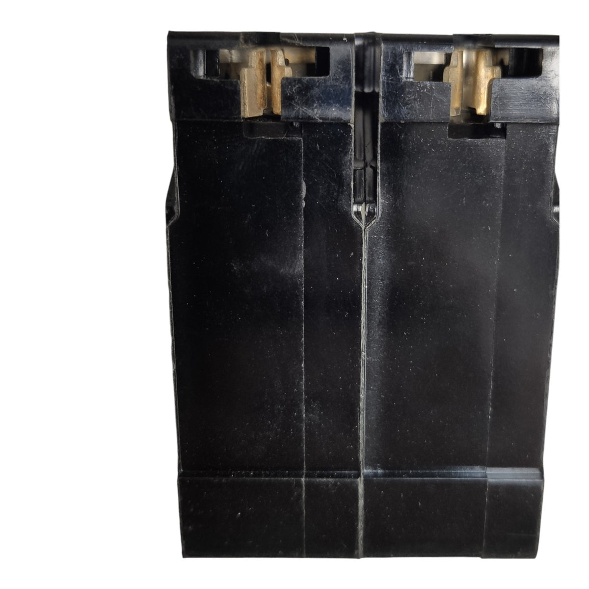 A black plastic dual-gauge magazine or grip insert with brass-colored metal contacts visible at the top, isolated on a white background.