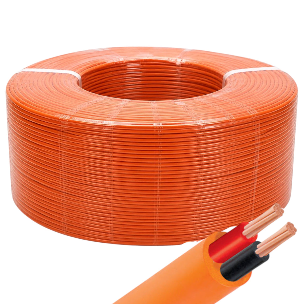A large spool of bright orange electrical wire or cable, with a close-up inset showing the inner structure of one end with copper-colored conductors and a black insulator.