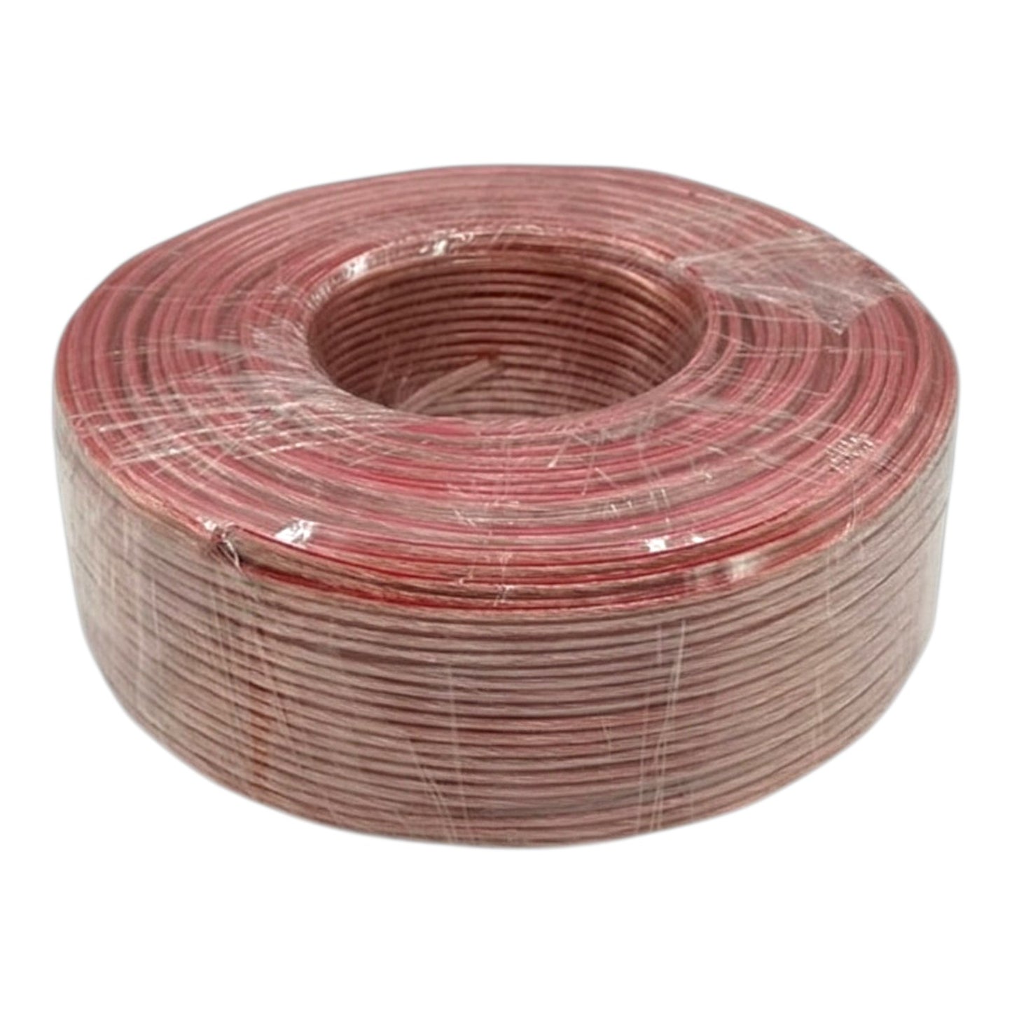 A large spool of red wire wrapped in clear plastic, shown against a plain white background.