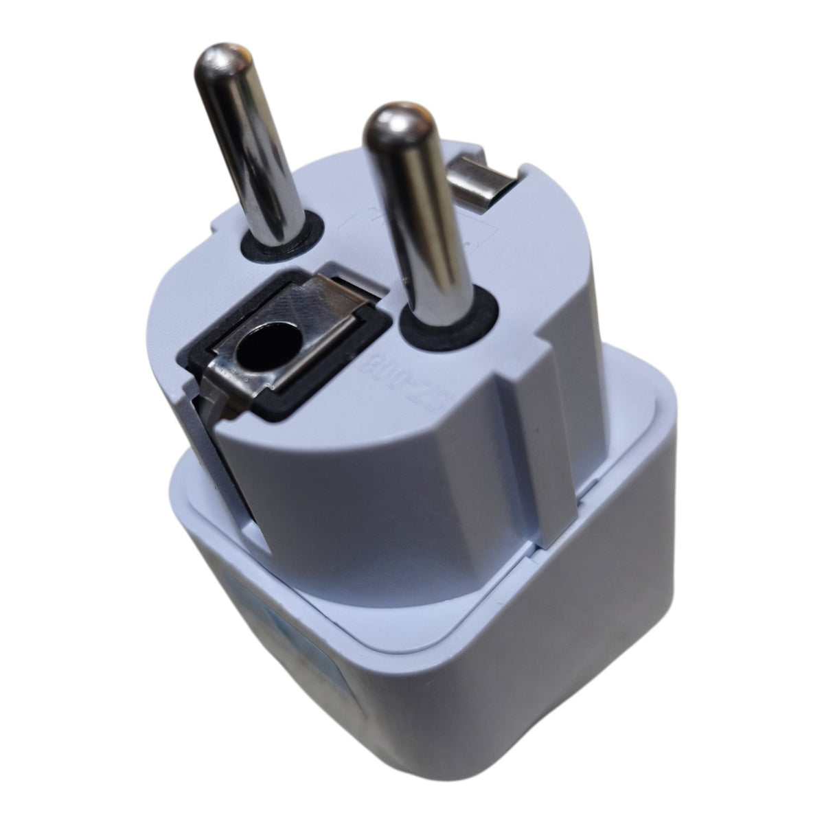 A light gray plastic travel plug adapter with two silver metal pins, shown on a plain white background.
