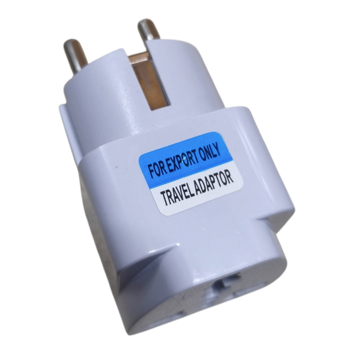 A white plastic travel adapter plug with two metal pins and a blue and white 'FOR EXPORT ONLY TRAVEL ADAPTOR' label, shown on a plain white background.