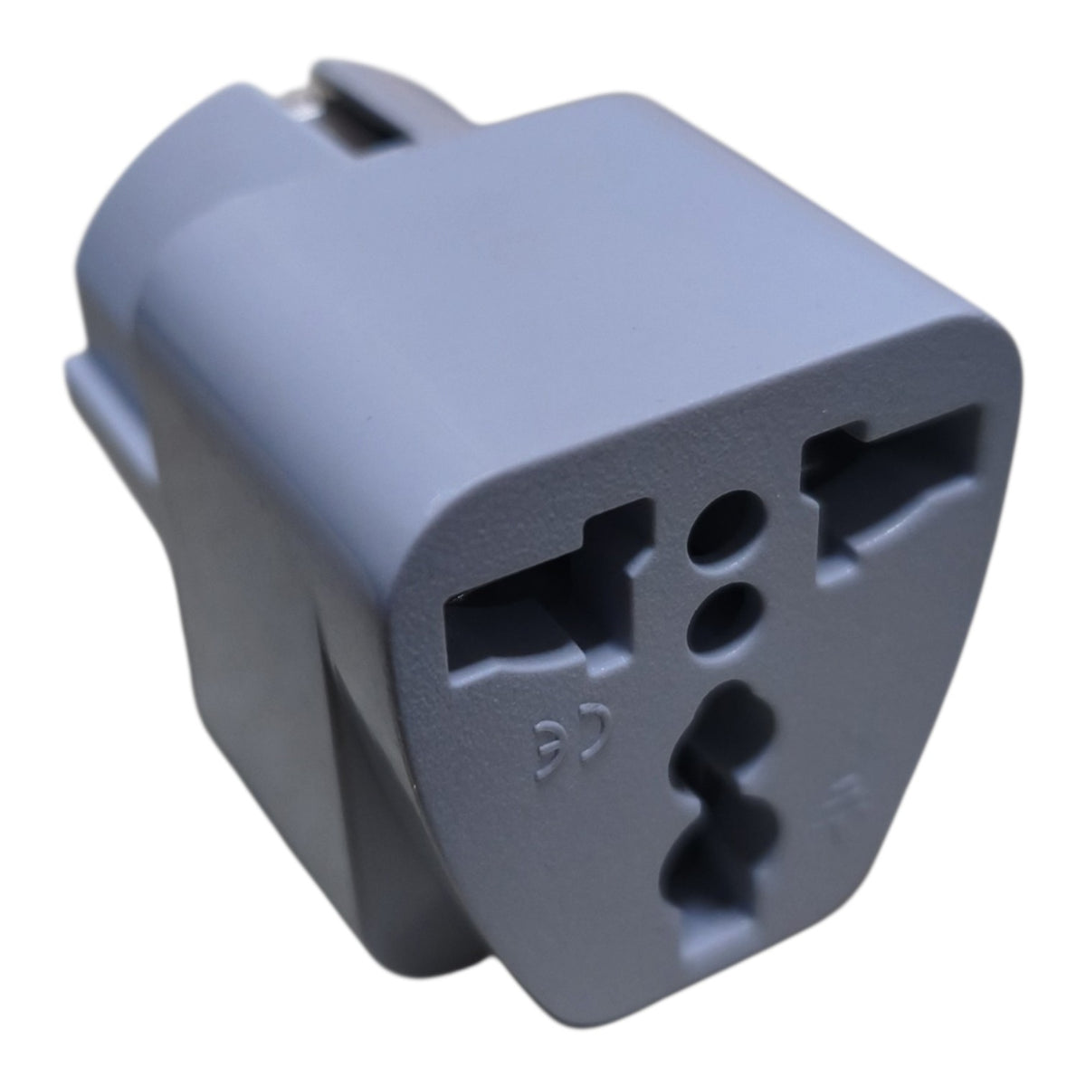A gray plastic electrical outlet adapter plug, likely a US to EU adapter, shown on a plain white background.