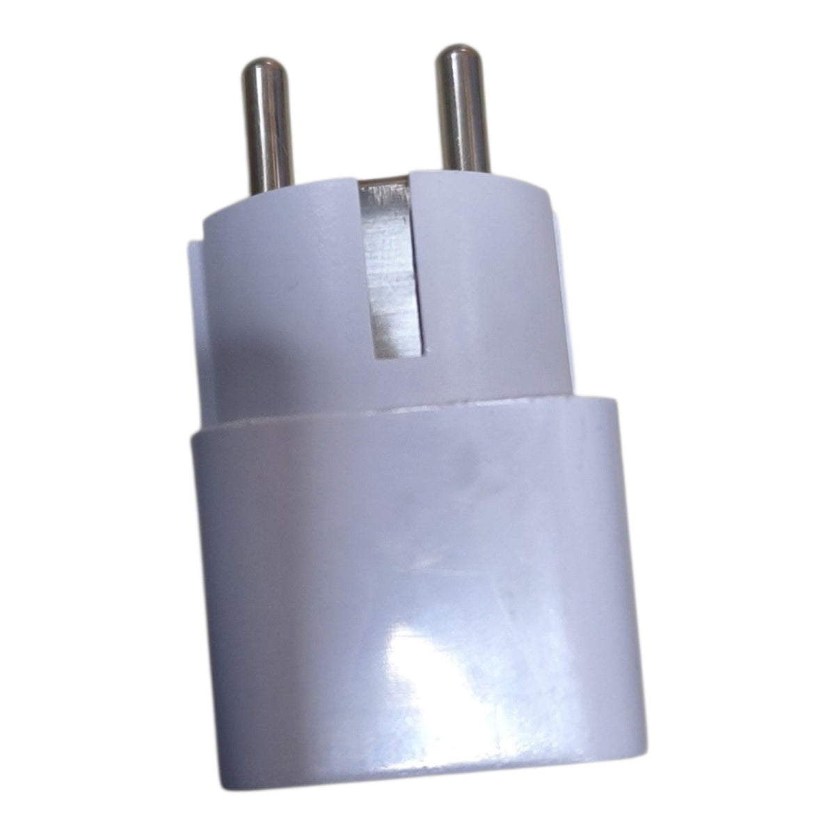 A white European plug adapter with two metal pins, shown against a plain white background.