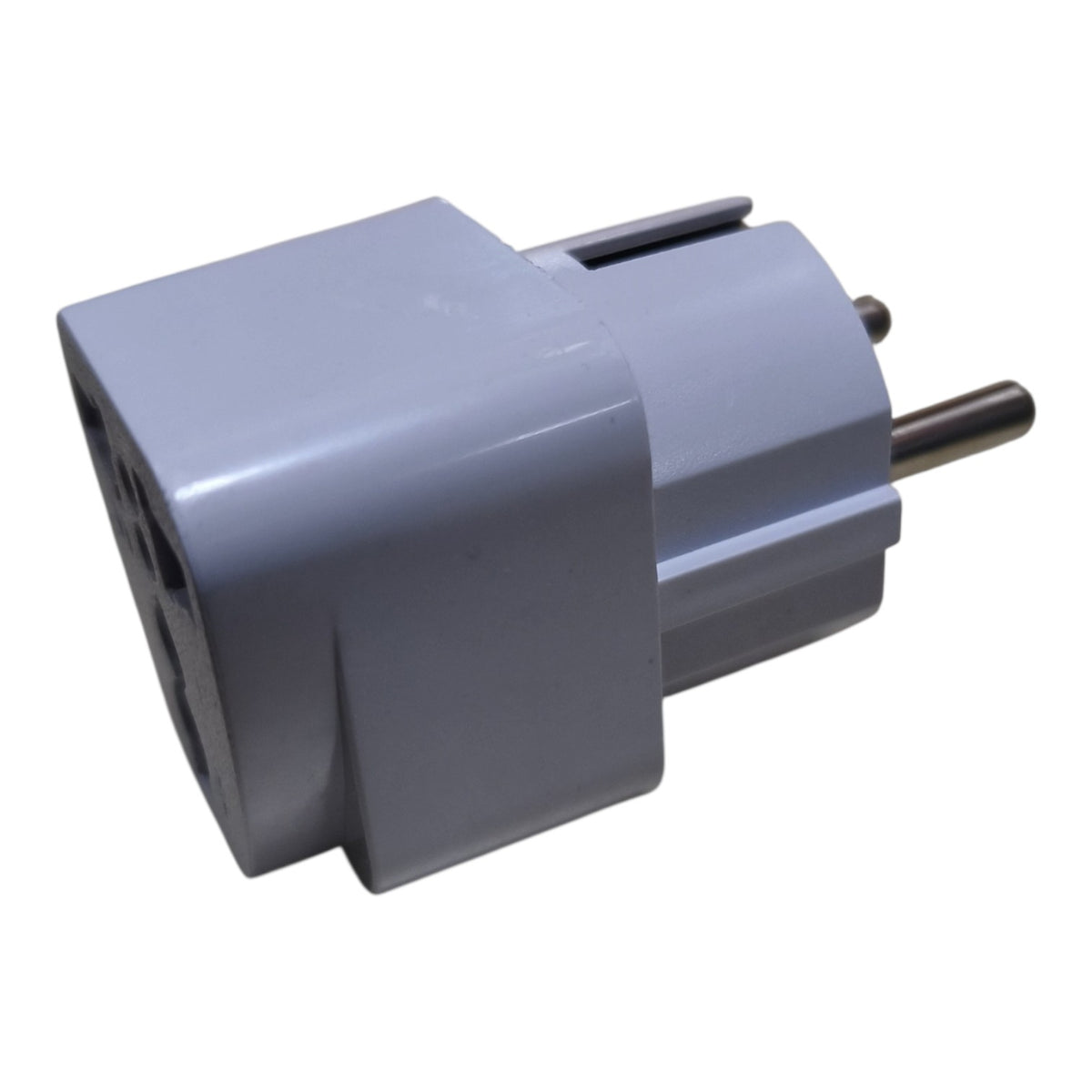 A gray plastic electrical outlet adapter plug with two metal pins, shown on a plain white background.