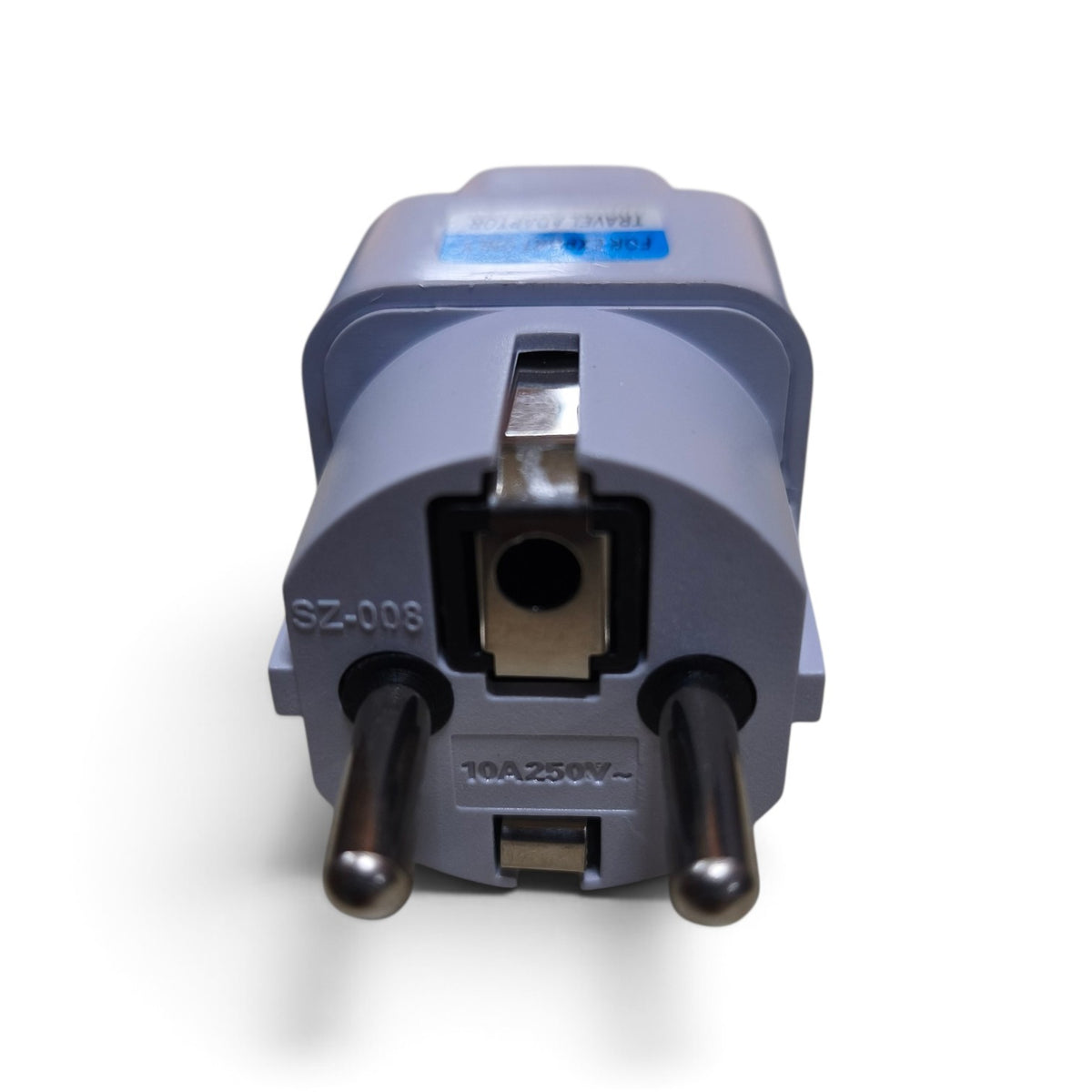 A gray plastic European plug adapter with two metal pins, shown from the front on a white background.
