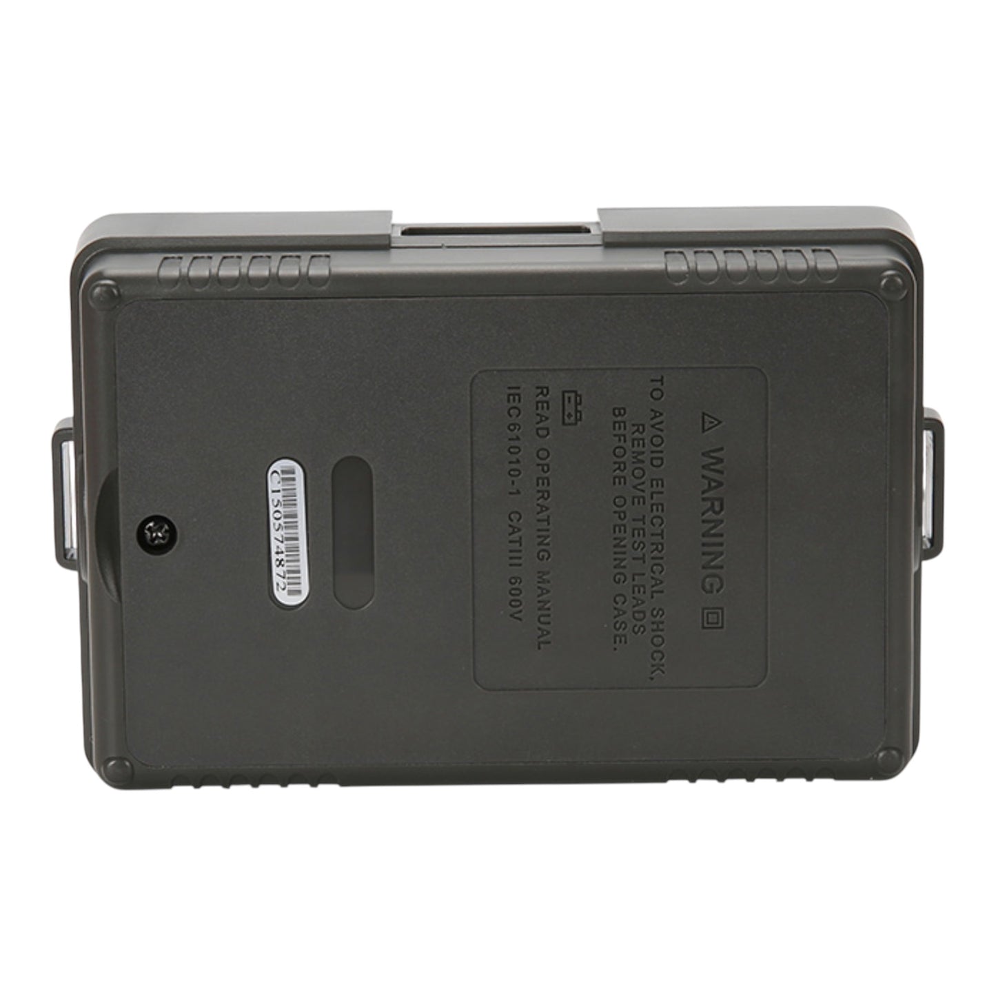 The back of a dark gray industrial electrical shock protector enclosure, showing molded details, a warning label, and side handles against a white background.