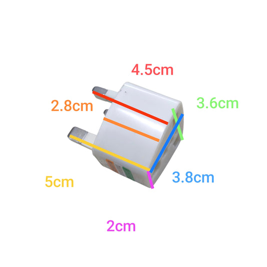 Measurement chart of a small rectangular component with labeled dimensions on a white background Universal Travel Adaptor to Type G Plug, Adaptor for United Kingdom, Ireland, Malta, Malaysia, Hong Kong and Singapore Electx Electrical Supply