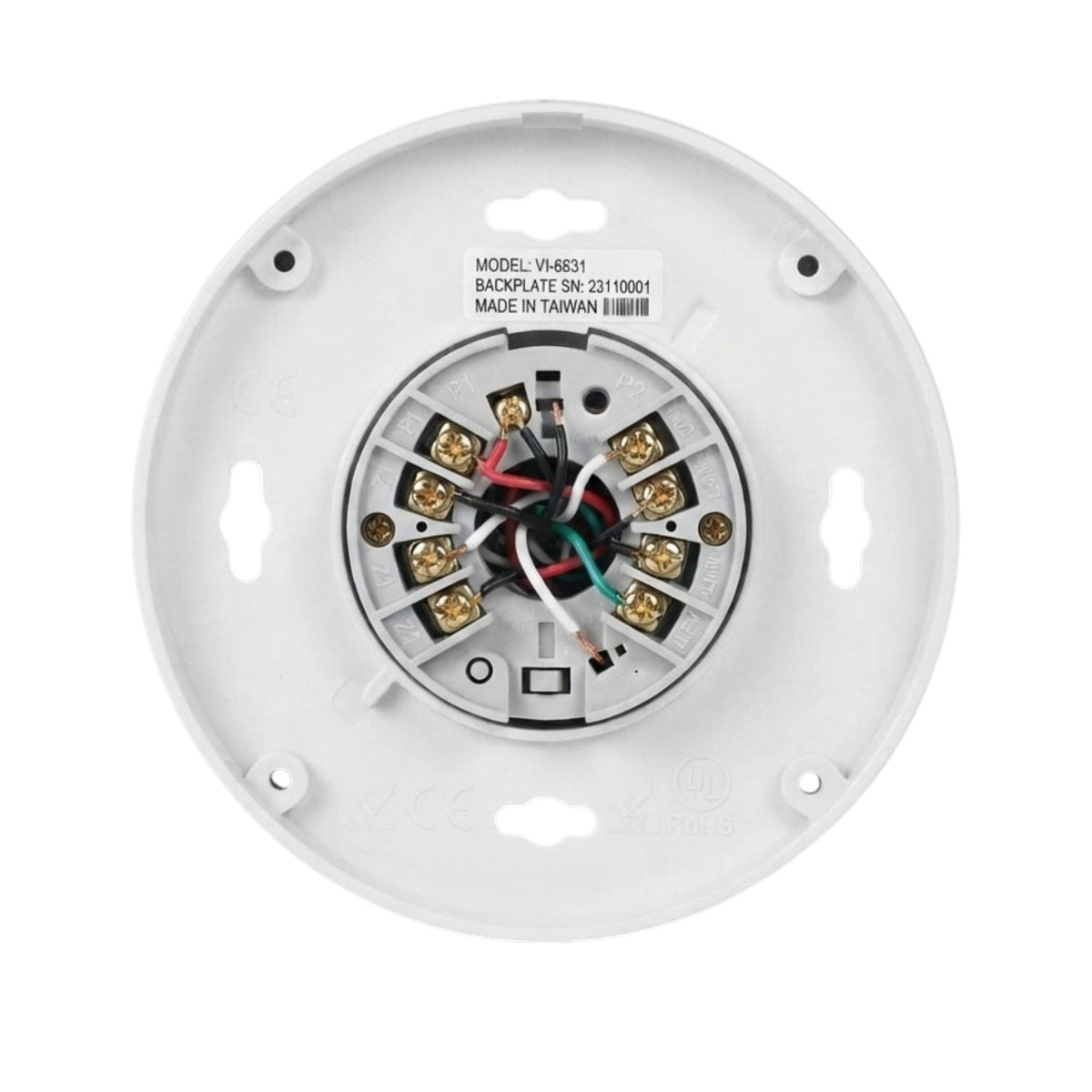 White electrical backplate with exposed wiring and terminal connectors, shown against a plain white background.