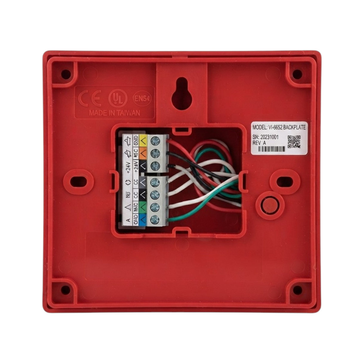 A red industrial control panel or alarm system box with a front display screen, keypad, and multiple metal sensor tubes on top, isolated on a white background.