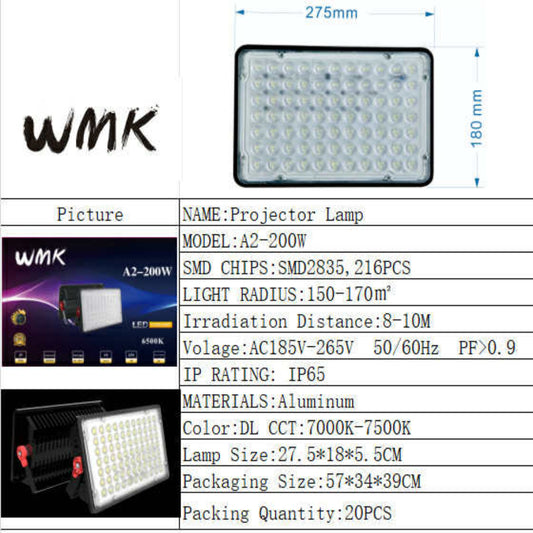 WMK projector lamp with specifications and dimensions on a white background