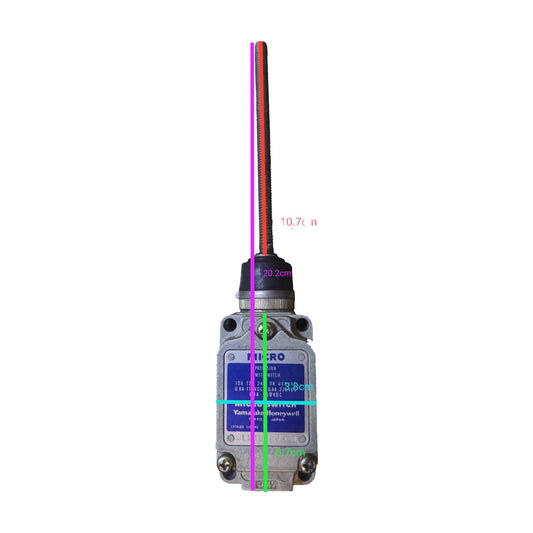 A MICRO linear potentiometer sensor with a silver metal body, a blue label, and a black terminal cap, featuring a long black shaft with a pink and green centerline overlay indicating dimensions of 10.7mm and 20.