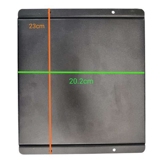 A black rectangular metal panel with rounded corners and mounting holes, shown on a white background with orange and green measurement lines and text indicating dimensions 23cm and 20.2cm.