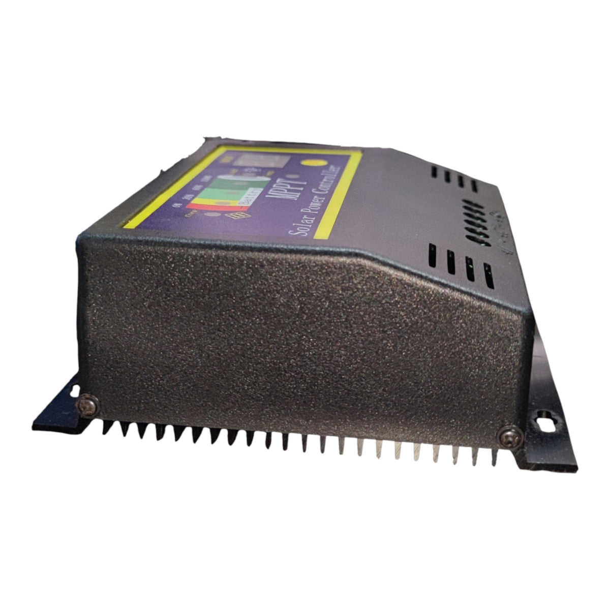 A black metal solar inverter converter with a textured finish, featuring a purple and yellow label on top, mounting brackets on the sides, and a finned heat sink on the bottom, shown against a plain white background.