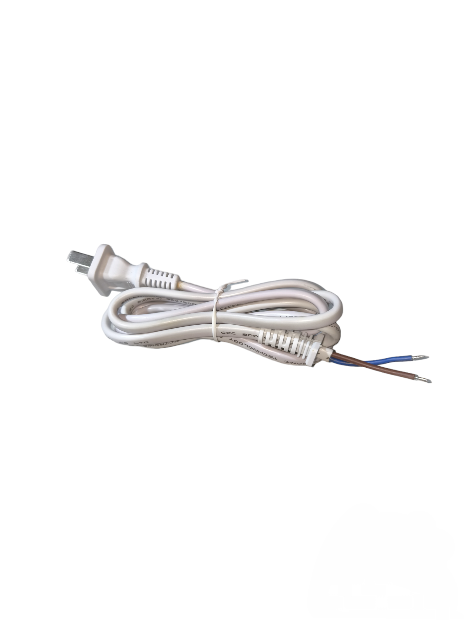 AC Cord AWG 18 White with a standard plug and stripped wires for easy electrical connections