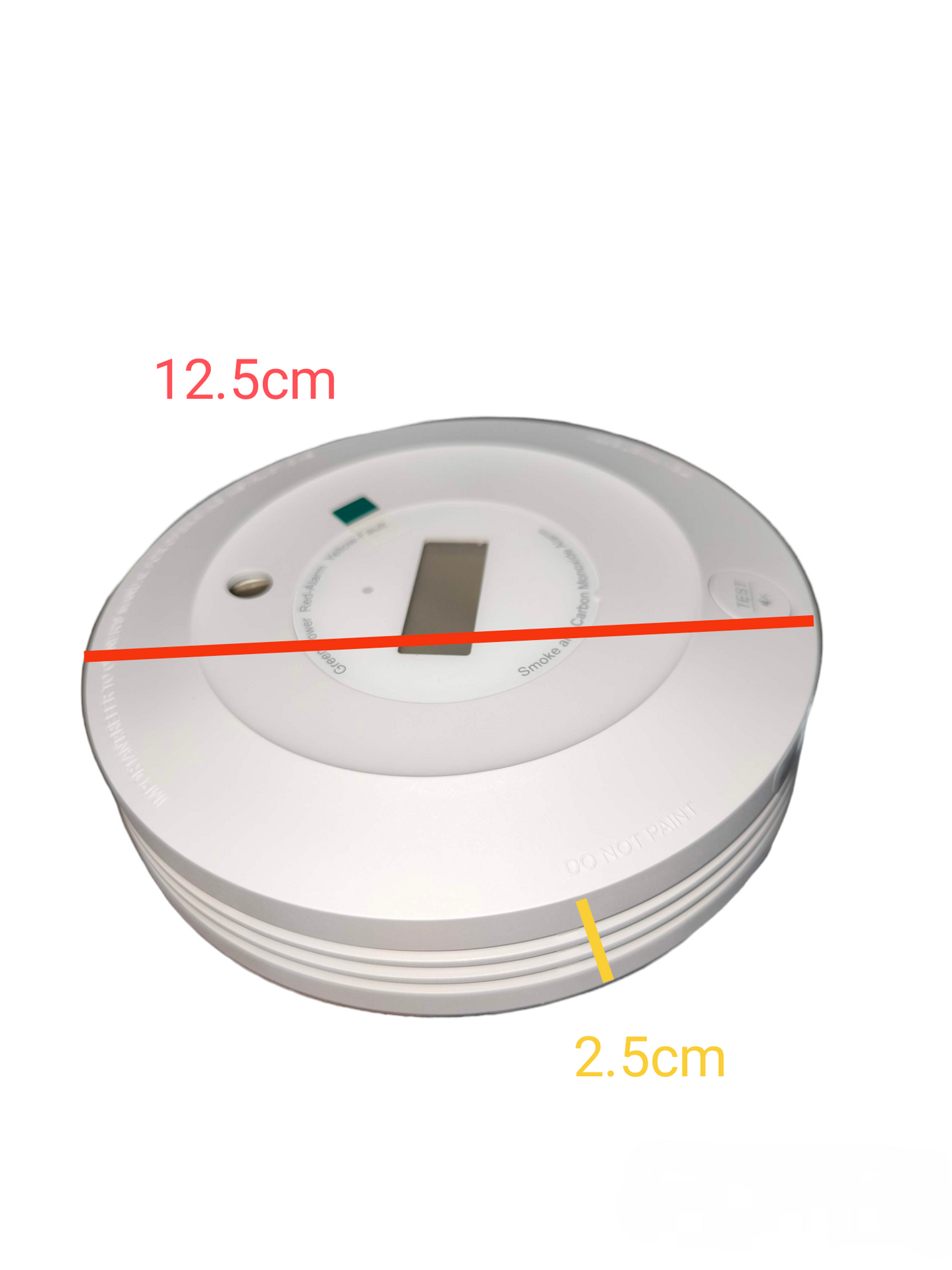 Aegislink Smoke Alarm with Carbon Monoxide detector showing dimensions 12.5 cm diameter and 2.5 cm thickness