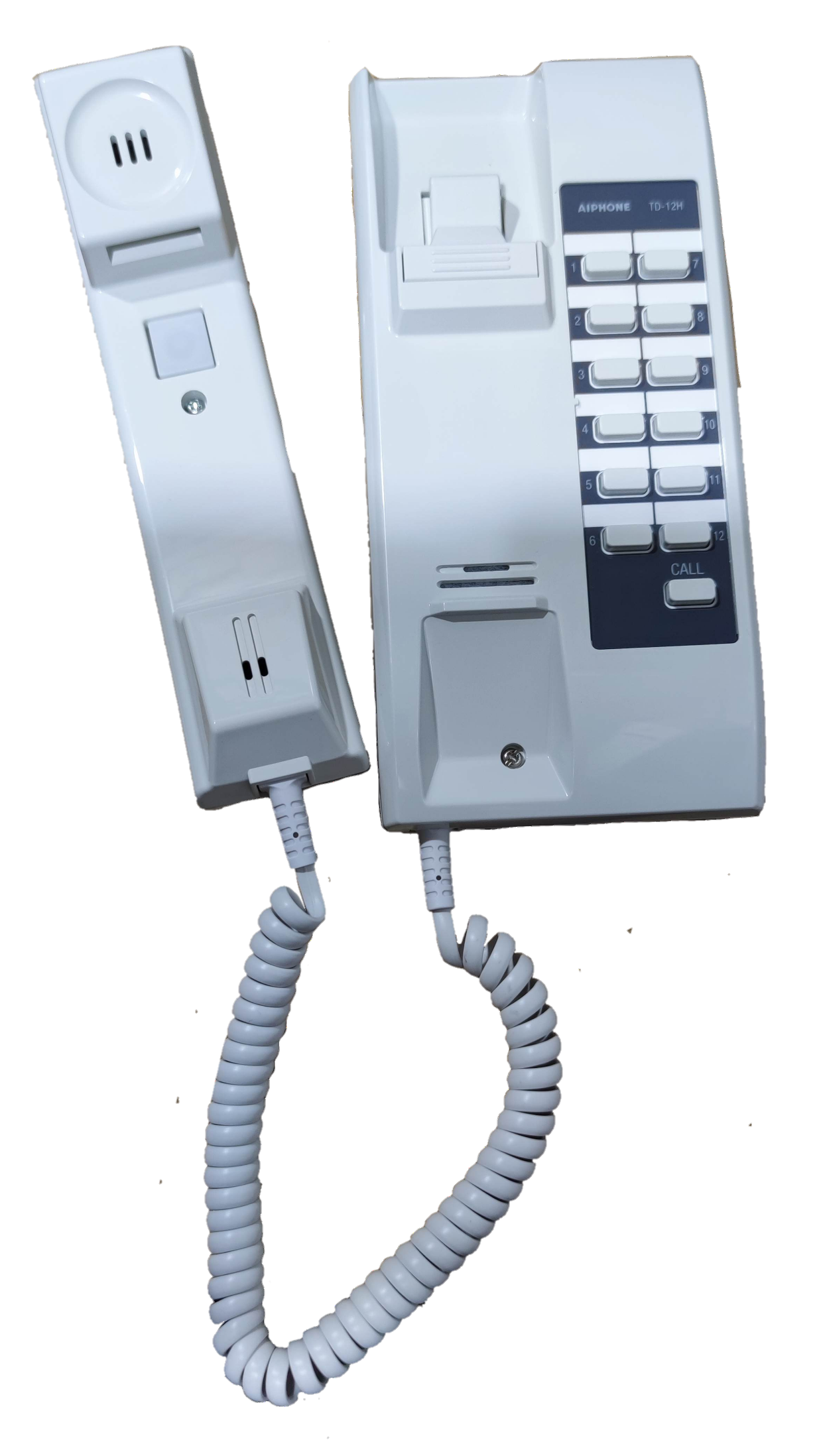 Aiphone 12 station intercom master with white handset and keypad for secure communication