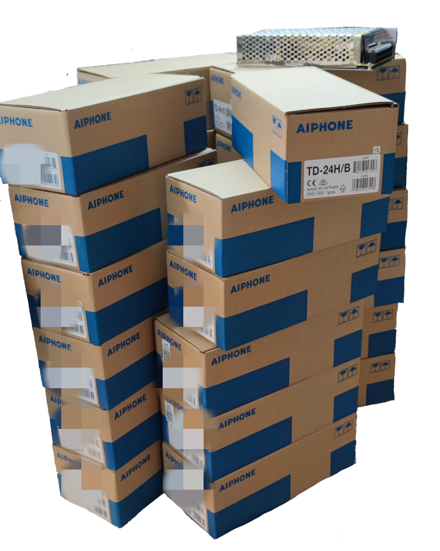 Stack of Aiphone 24 station intercom system boxes for CCTV and security system installation